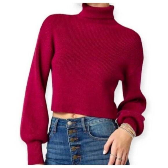 FRANCESCA'S BLUE RAIN BURGUNDY/FUCHSIA CROP BALLOON SLEEVE TURTLENECK SWEATER SZ - Picture 1 of 10